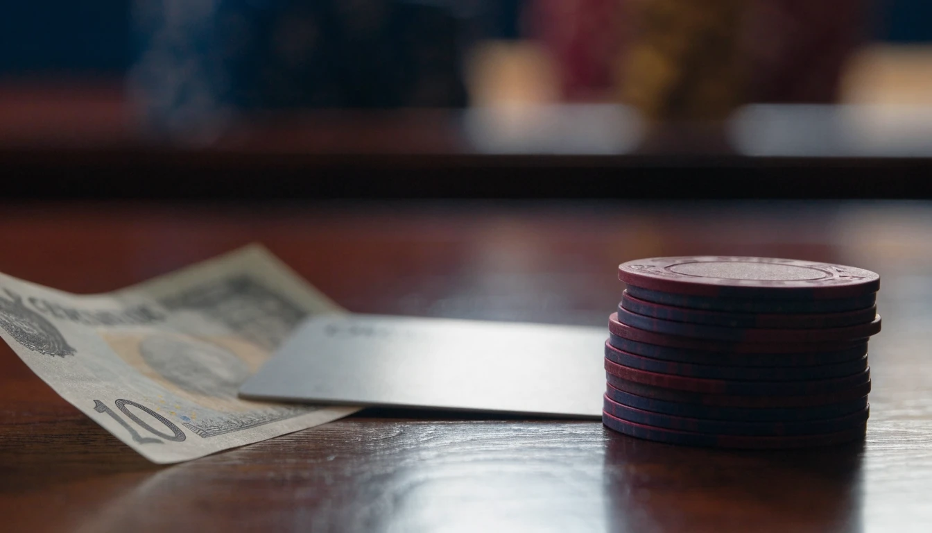 Ten-pound note, payment card, and casino chips on a wooden table