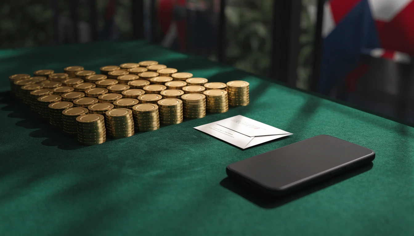 Face-down smartphone, gold casino chips, and voucher on a green table