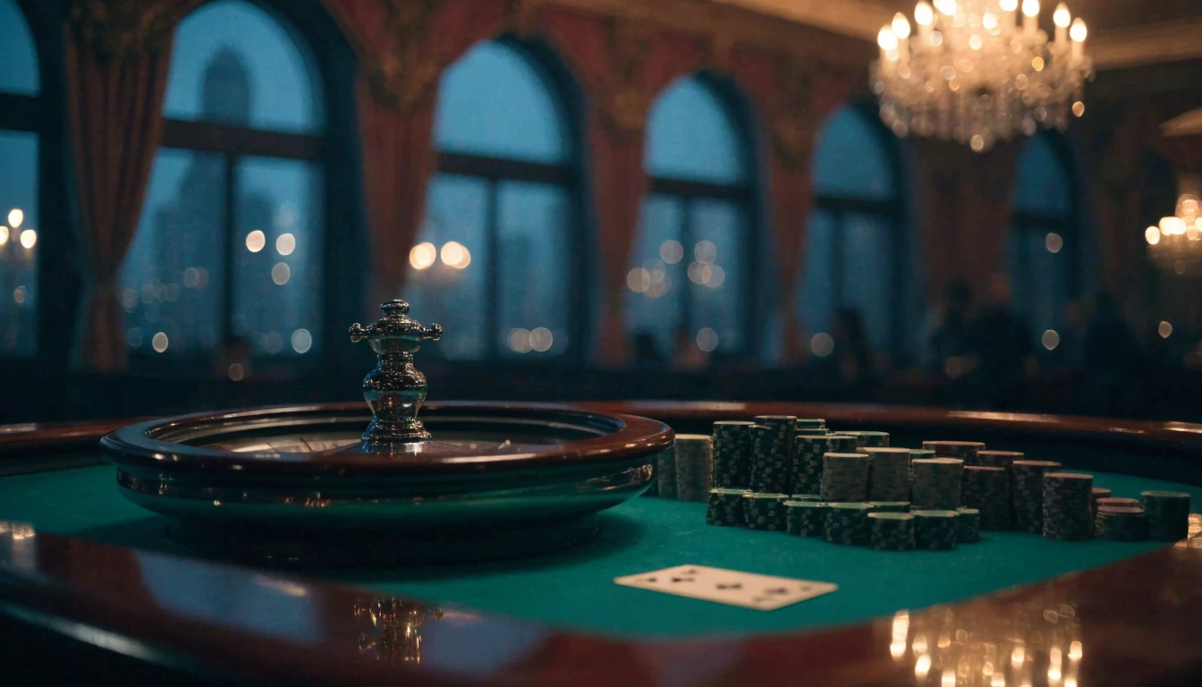 Elegant UK casino lounge interior with roulette wheel, chips and warm lighting