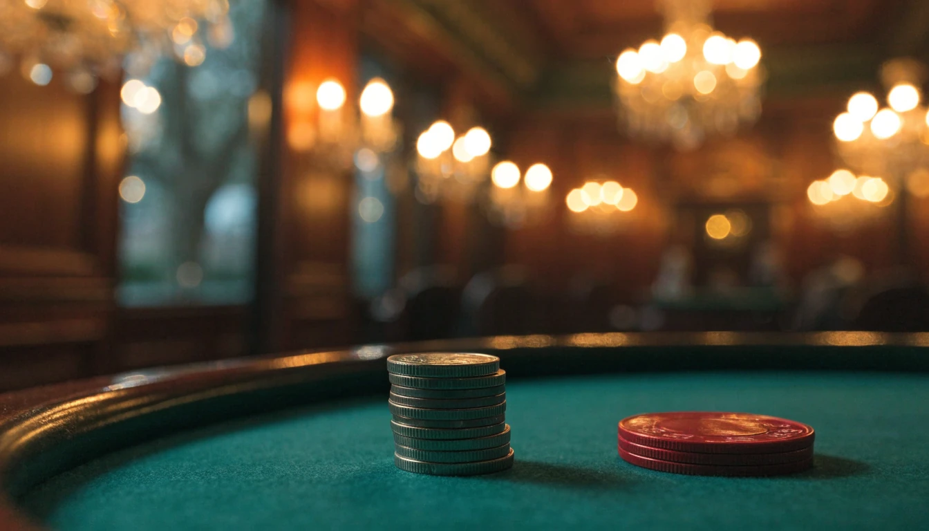 Two-pound coins and a chip on a casino table