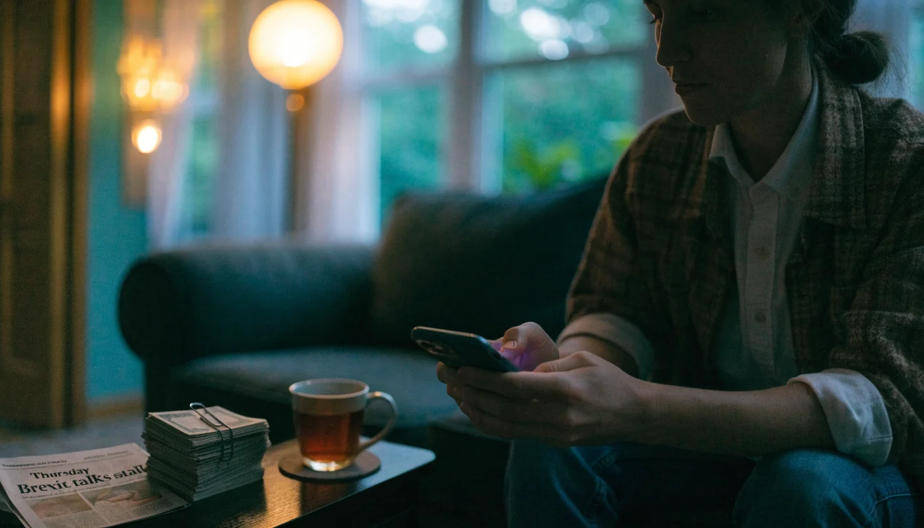British living room scene with twenty-pound notes and a turned-over smartphone