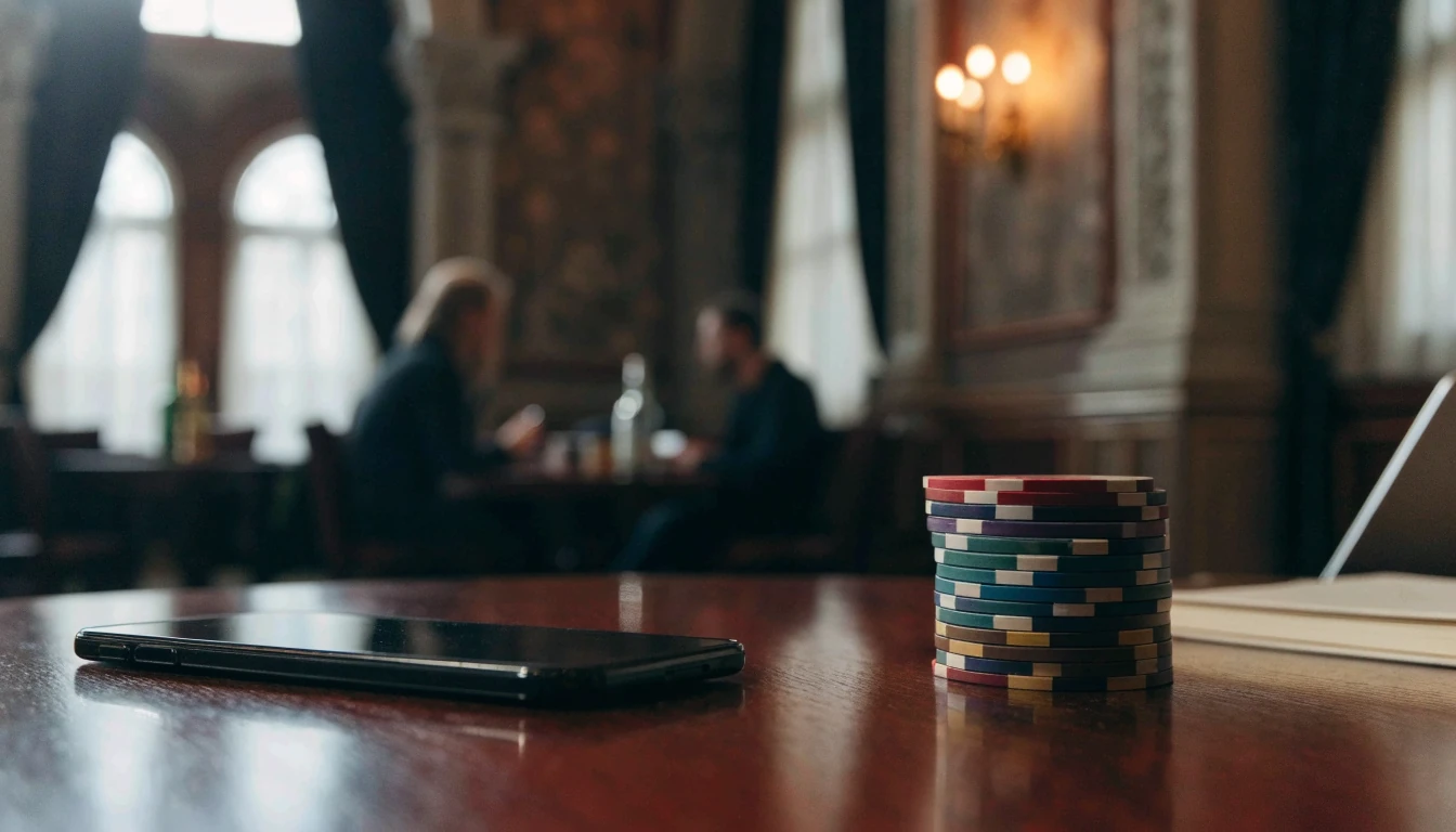 Face-down smartphone and casino chips in an elegant UK lounge