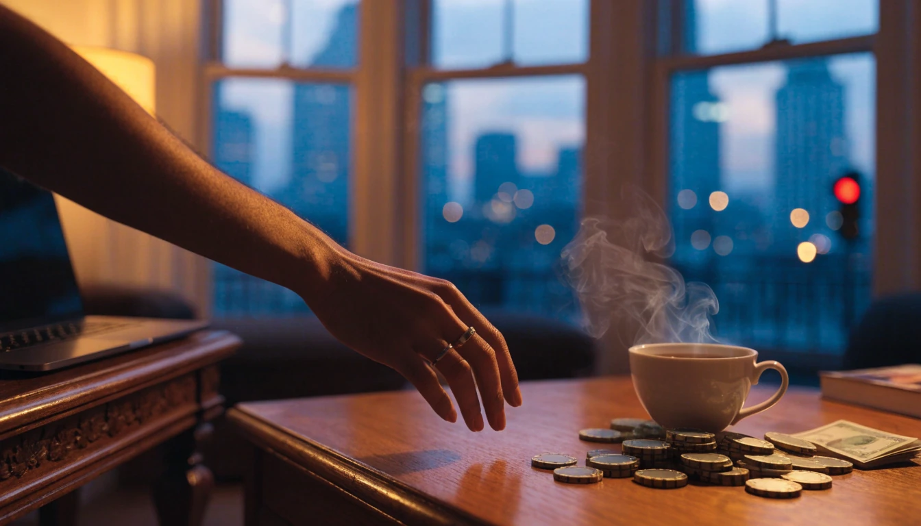 Cozy UK living room with casino chips, pound notes, tea, and a closed laptop