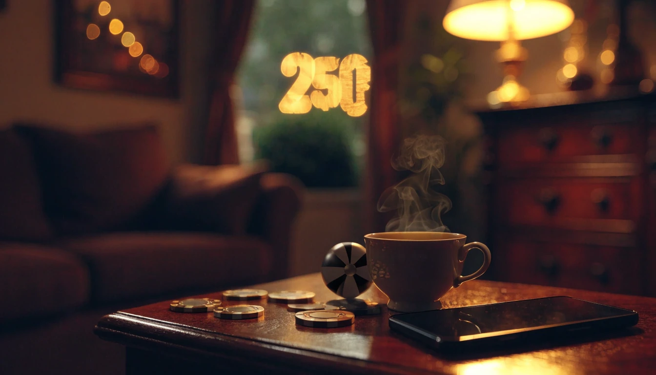 Casino chips, roulette ball, face-down smartphone and steaming cup of tea on a side table at night, British setting.