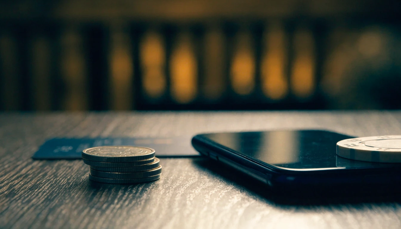 Three pound coins, bank card and closed smartphone on a table