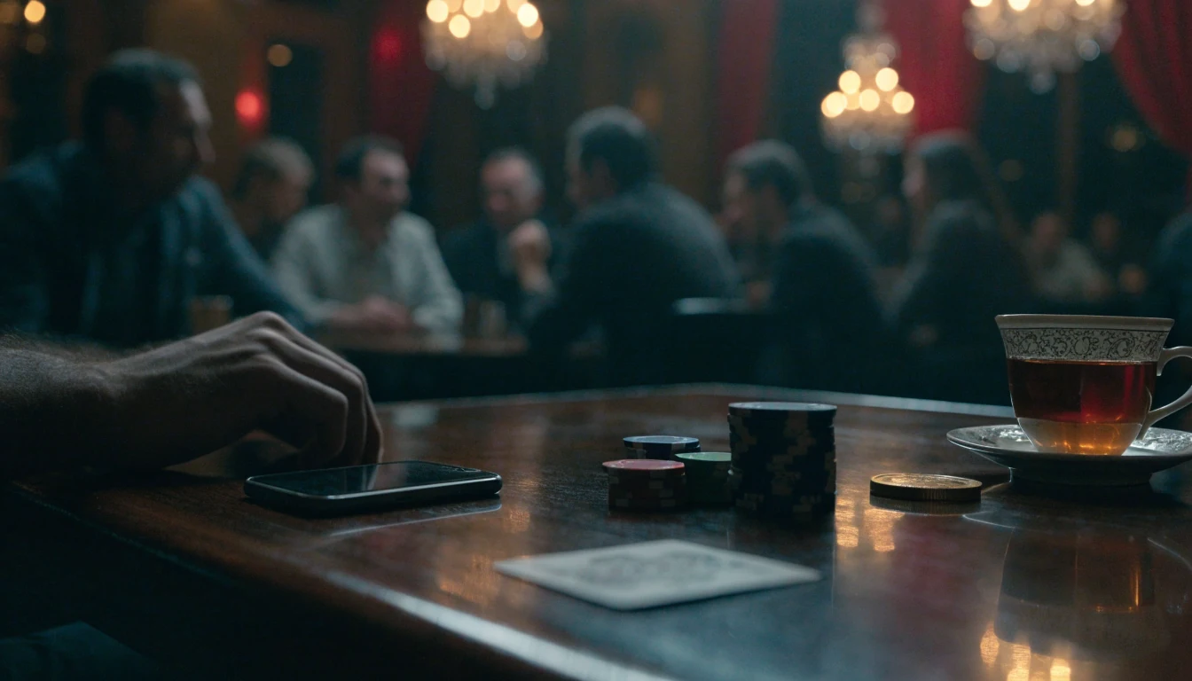 Dimly lit British casino table with chips, coin, and smartphone