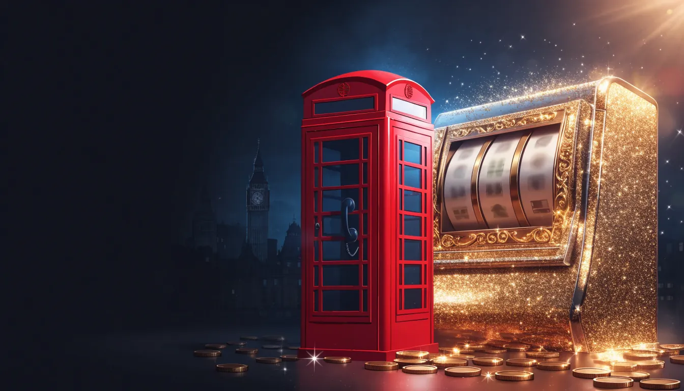 Illustration of a British red phone booth beside a glowing slot machine with golden coins