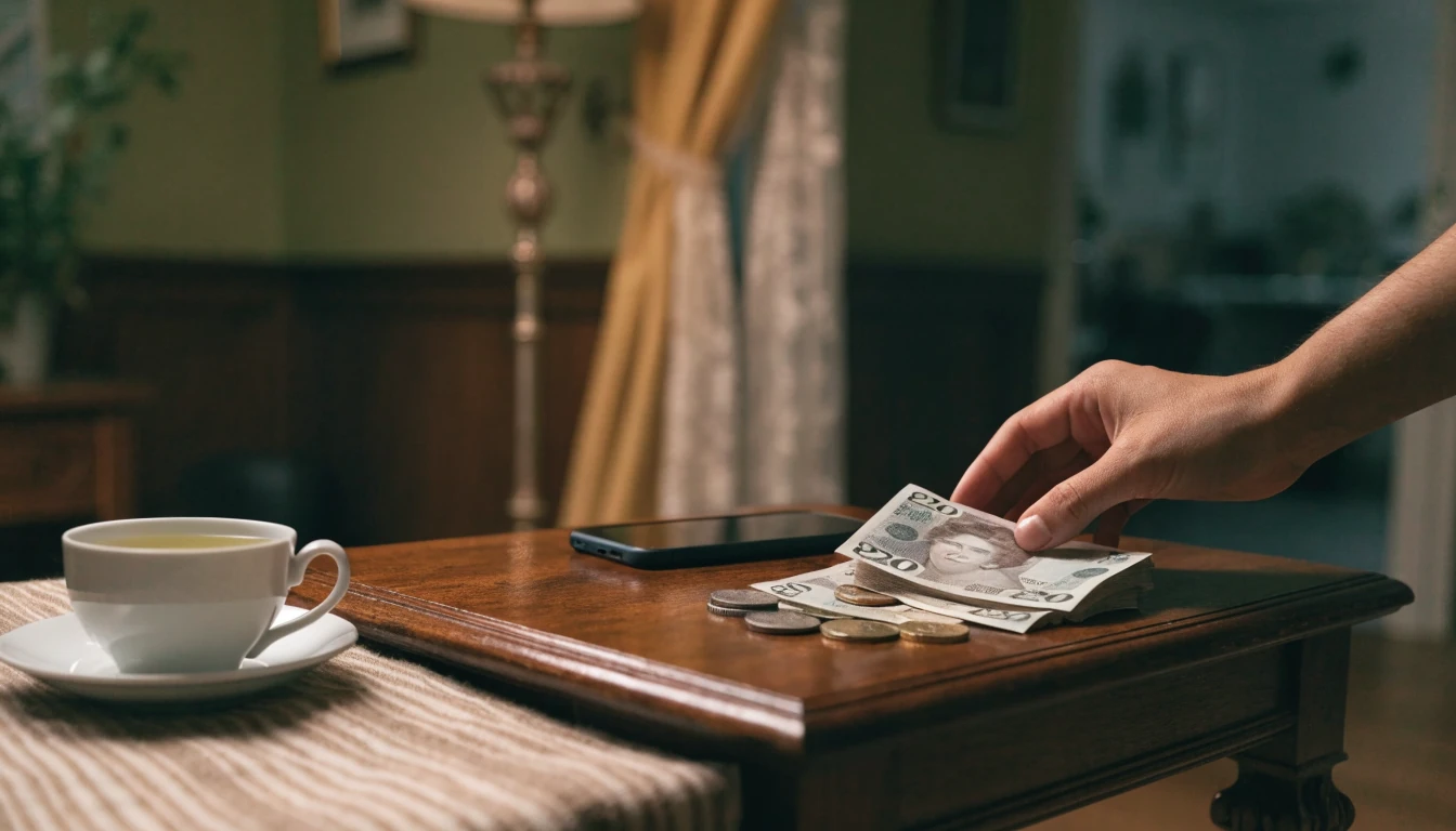 British pounds, coins, and a smartphone on a wooden table in a warm living room.