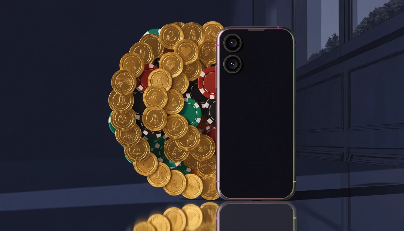Golden casino tokens and chips beside a screen-free smartphone in the UK