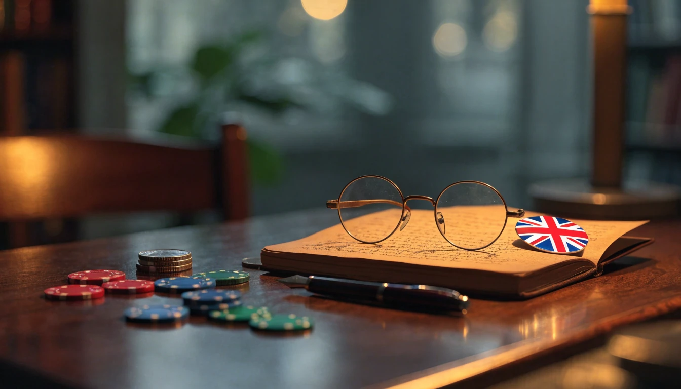 Casino chips, coin, notebook and Union Jack pin on a dark wooden table.