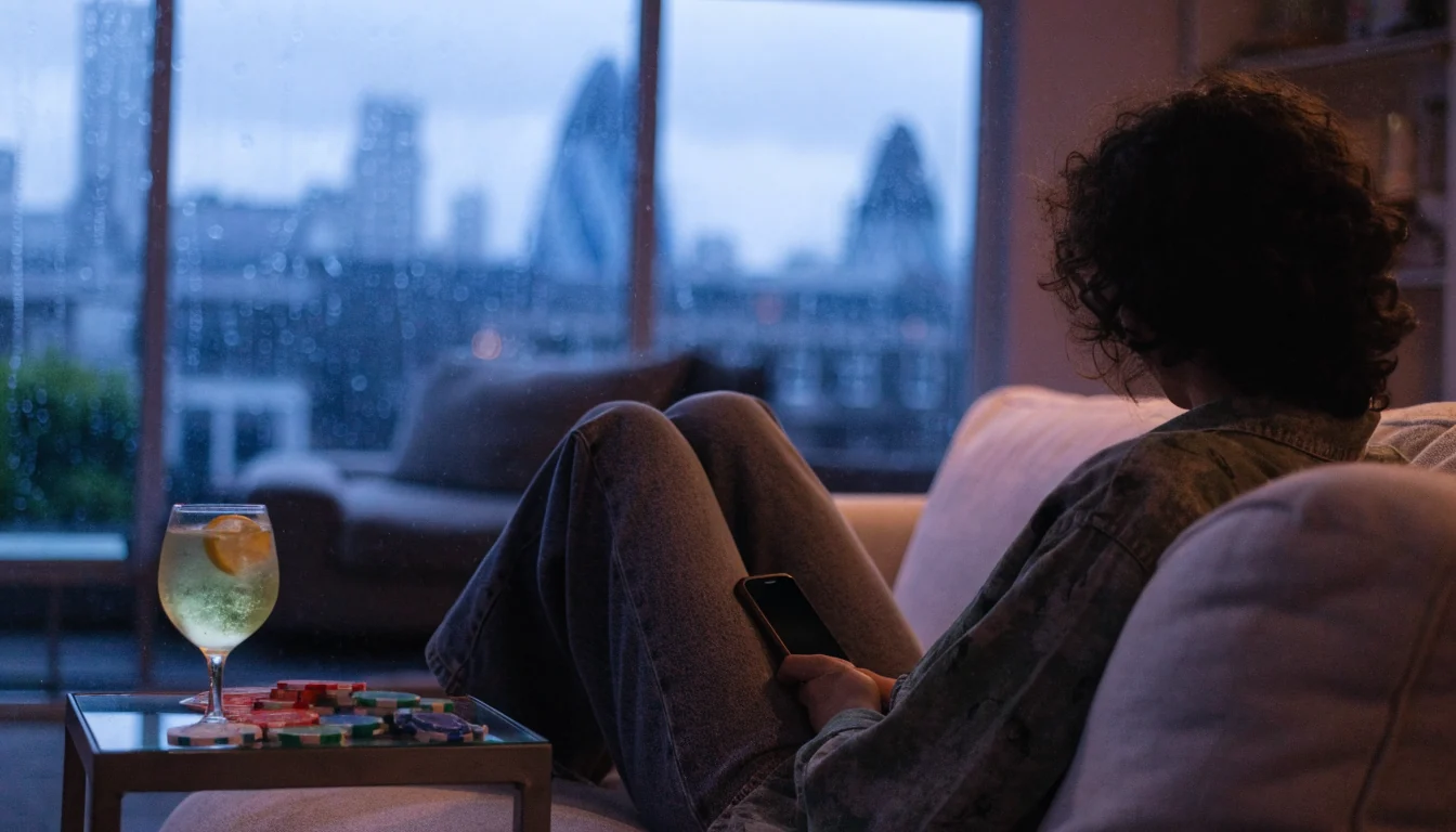Person holding smartphone near colourful casino chips on a sofa