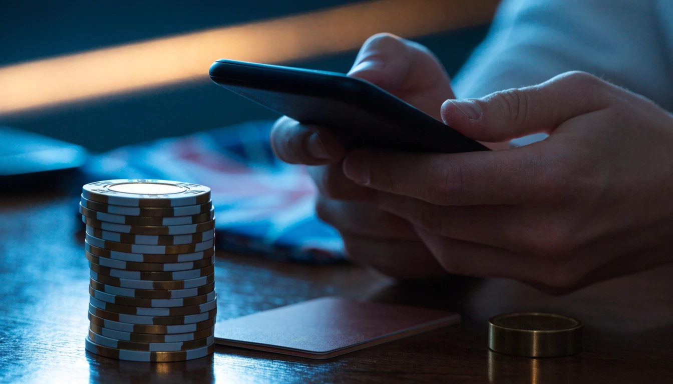 UK casino bonus scene with hidden phone, chips, and token