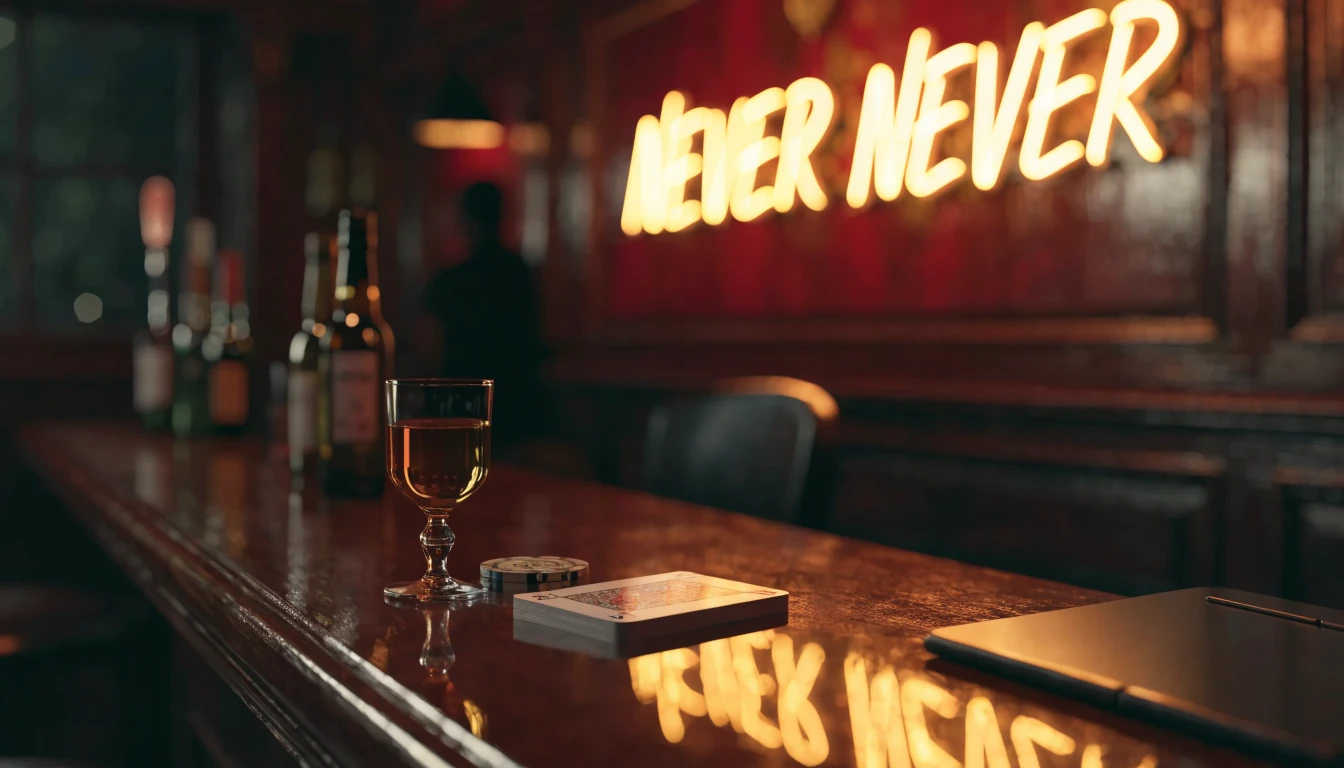 British pub bar scene with casino chip and cards at night