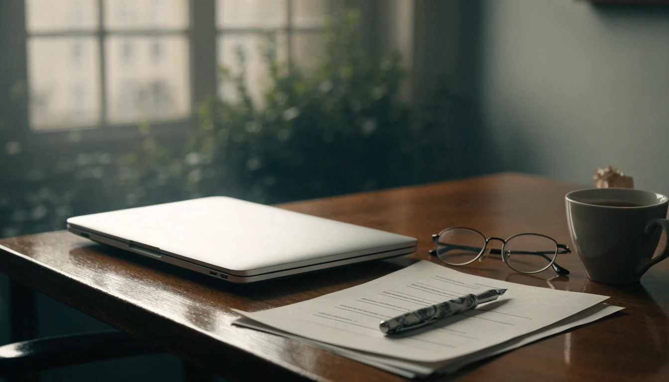 Desk with closed laptop and printed terms for independent review