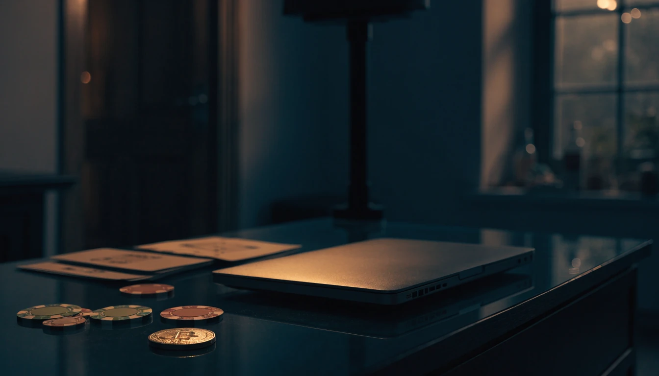 Bitcoin token, casino chips, and concealed laptop on a moody desk