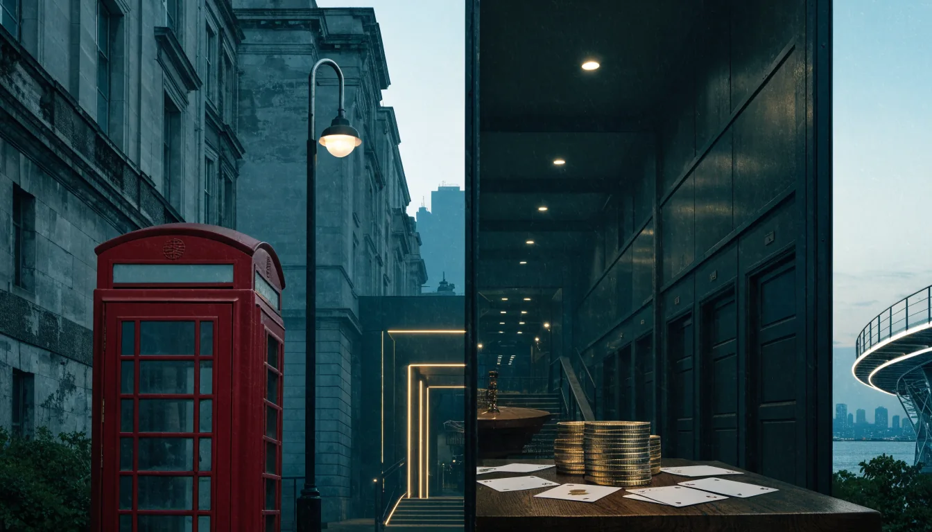 British telephone booth and casino entrance divided into regulated and offshore settings.