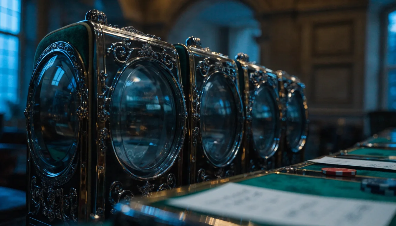 Five polished mechanical reels in an elegant British casino setting