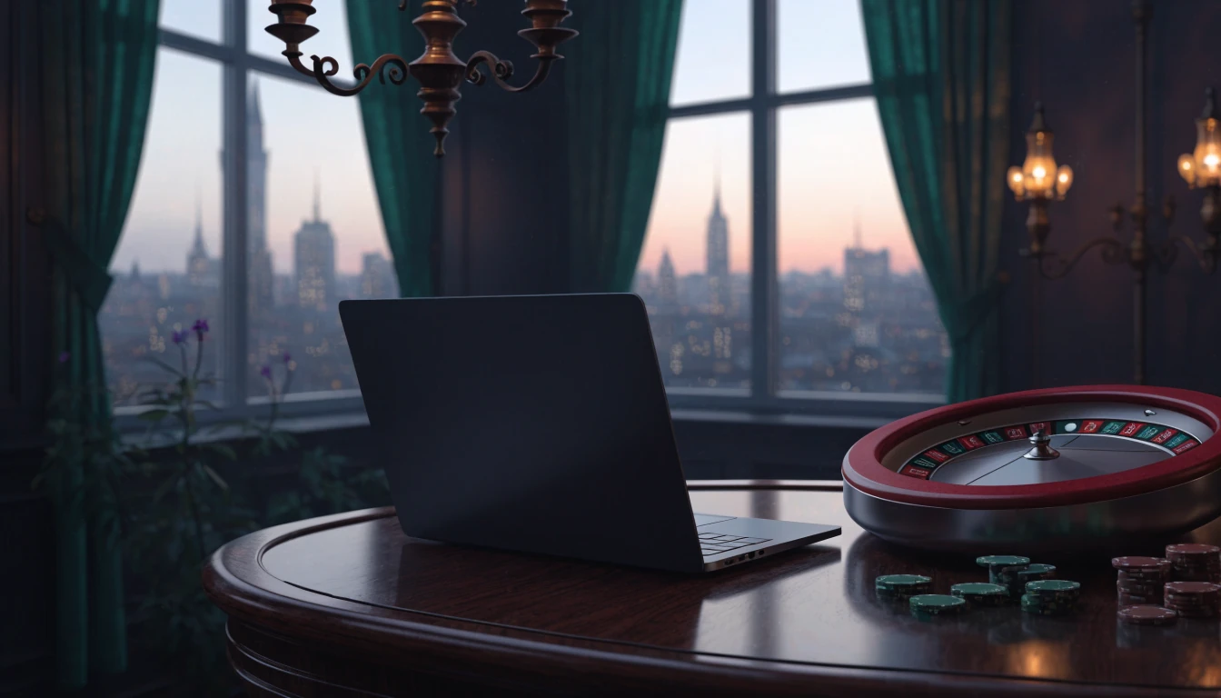 Elegant UK casino lounge with roulette wheel, chips and closed laptop