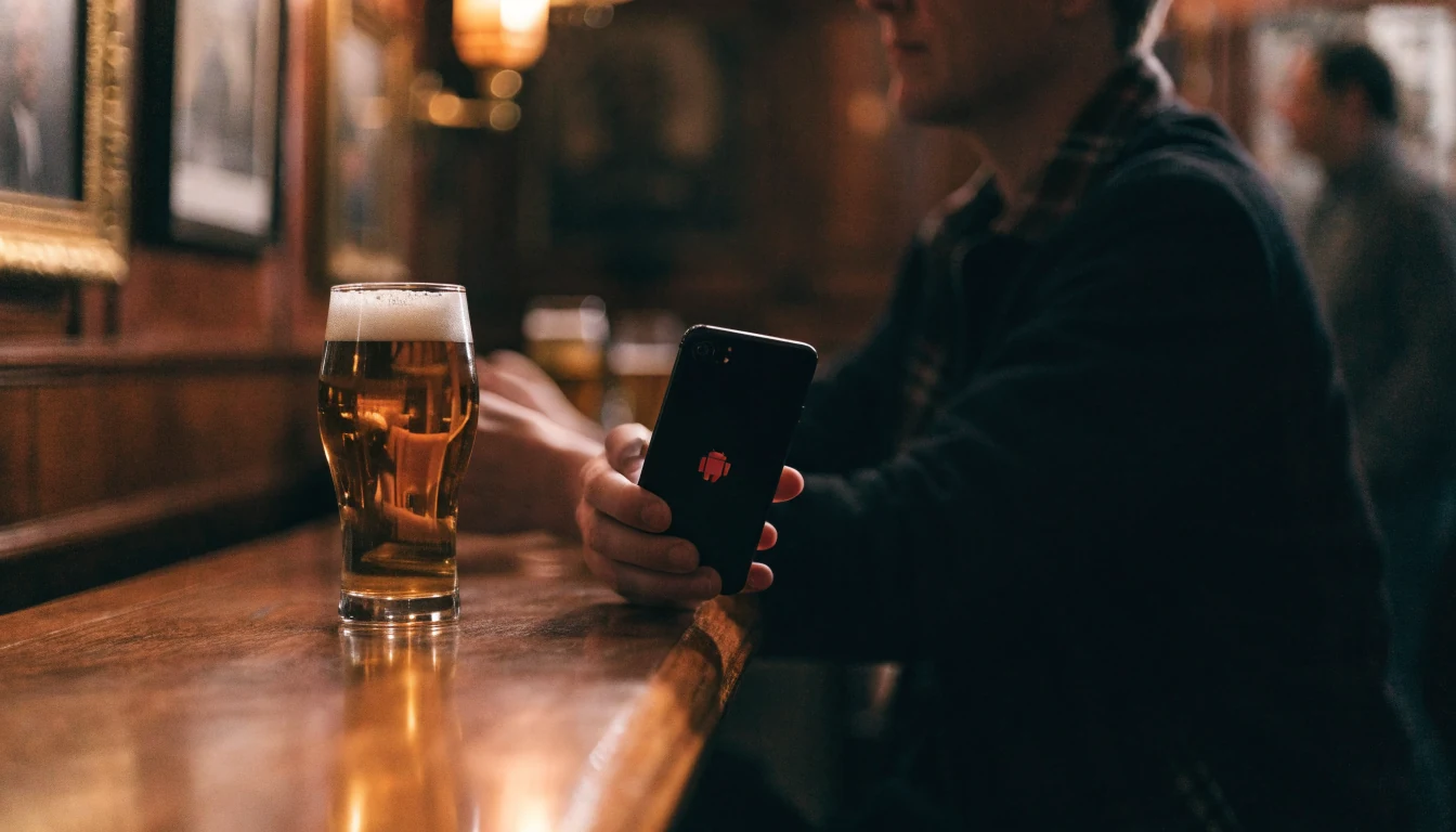 Person holding an Android smartphone in a traditional British pub