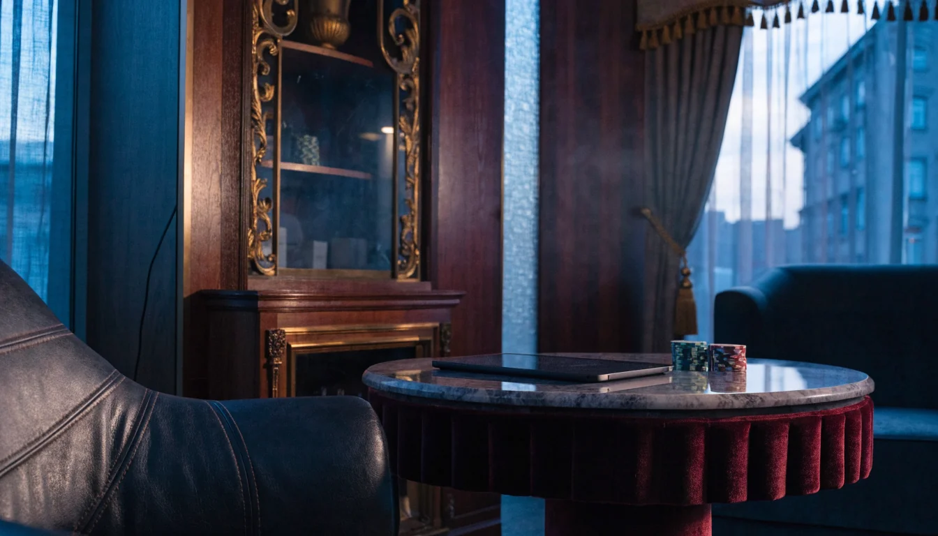 Elegant UK casino lounge with slot-themed décor