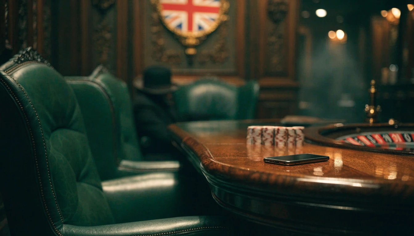 Elegant British casino lounge with chips and roulette wheel