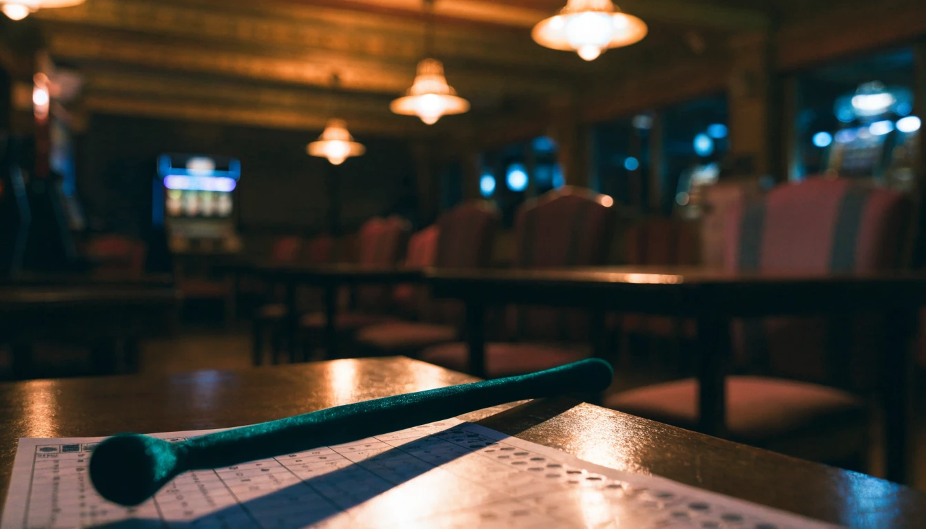 Traditional British bingo hall interior with dauber, bingo cards, and slot machine cabinet in warm lighting