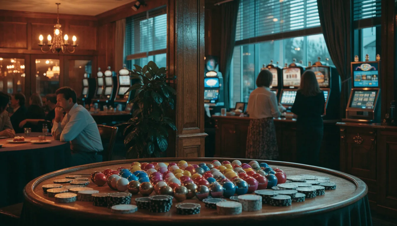 UK bingo lounge with bingo table and separated slot area