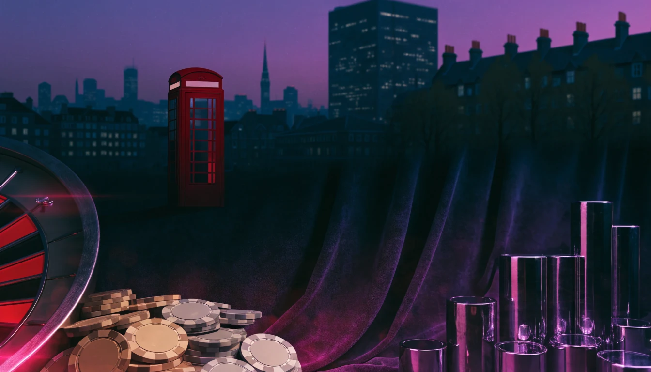 Stylized illustration of London at twilight with casino chips and roulette on velvet