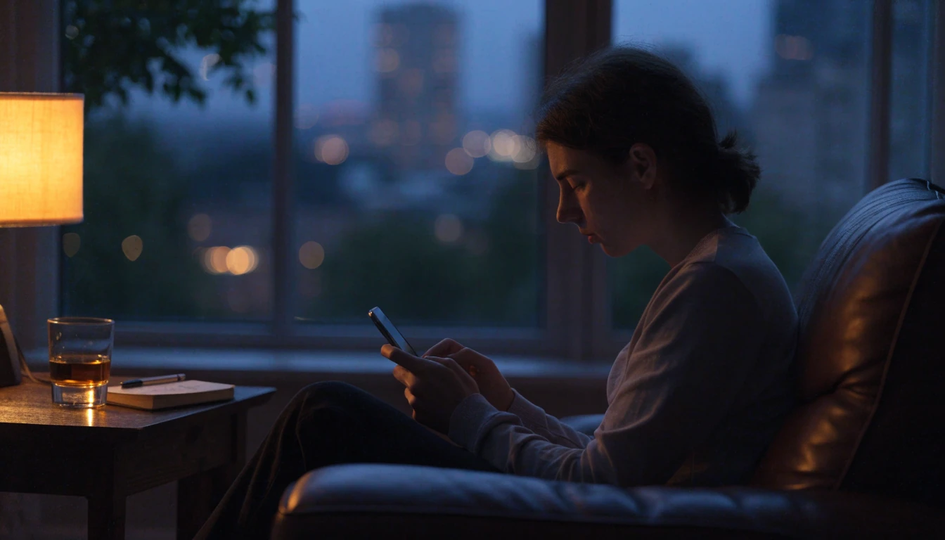 Person in a cozy UK living room holding a phone at evening