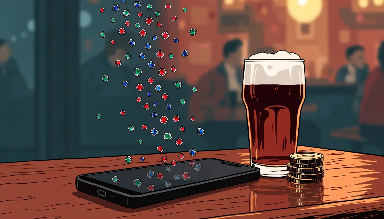British pub scene with cascading gemstones falling over a phone, pint, and pound coins
