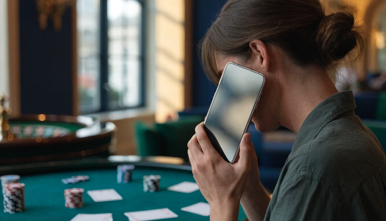UK player using a mobile casino app in a stylish casino lounge