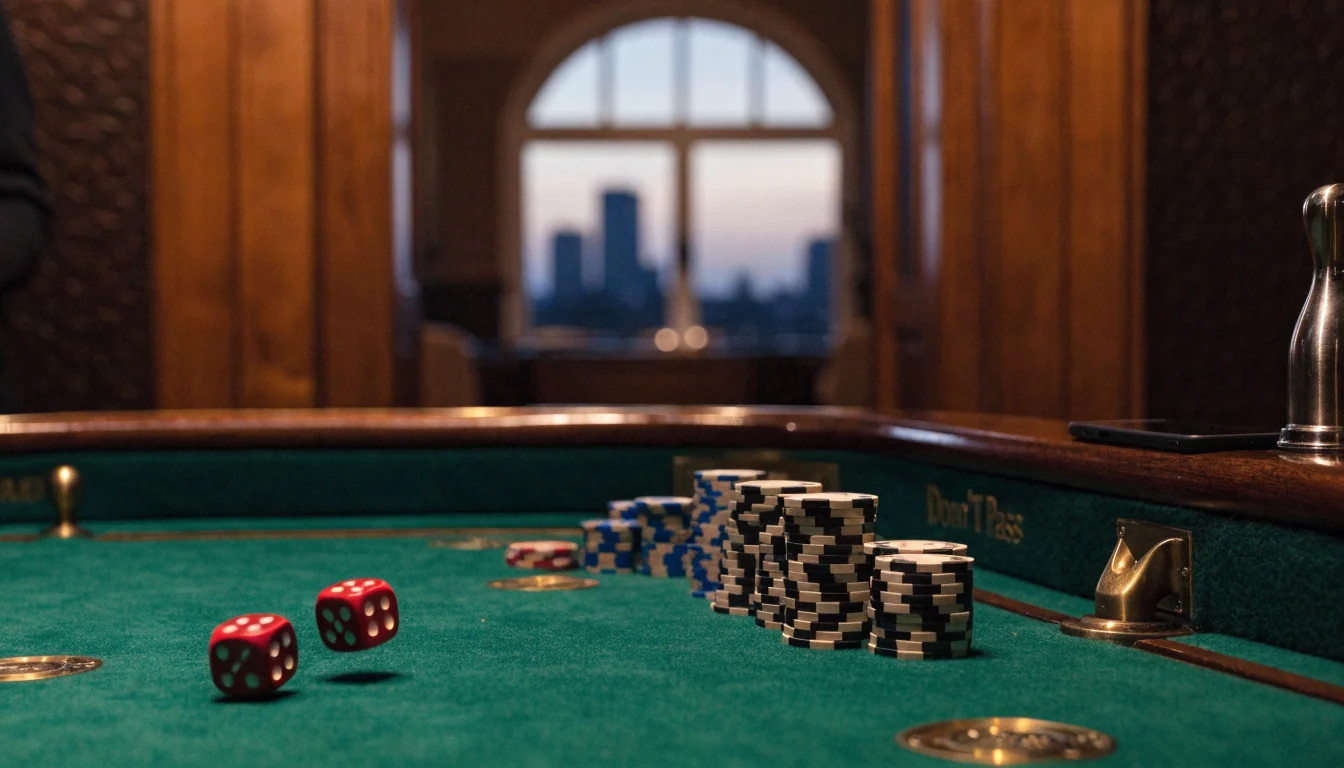 Elegant casino craps table with rolling dice and chips, London skyline through window, smartphone face-down