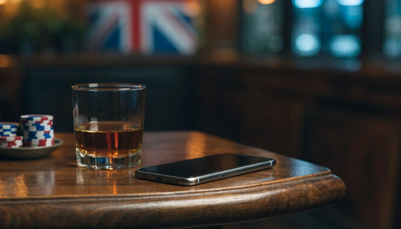 Smartphone face-down on a wooden table with whiskey glass and poker chips, warm lighting