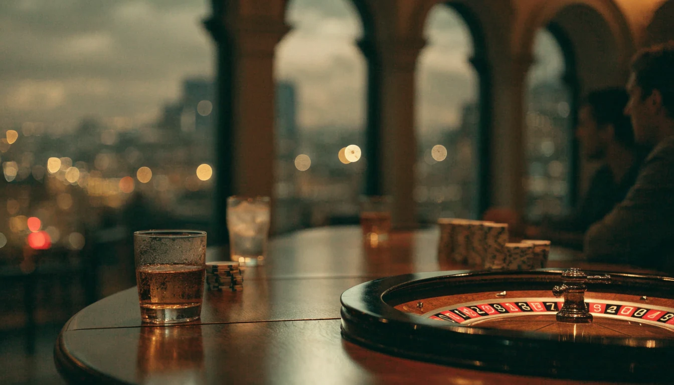 Stylish UK casino lounge with roulette table and chips at night