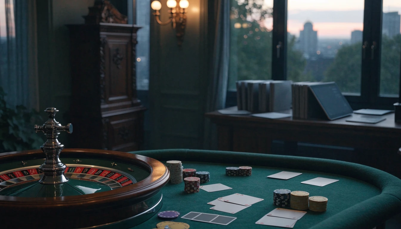 Refined UK casino comparison scene with roulette, chips, and closed research folders