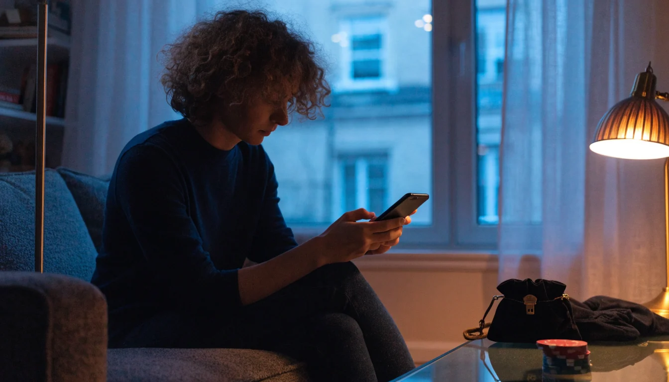 Person in UK home holding smartphone near casino chips on table