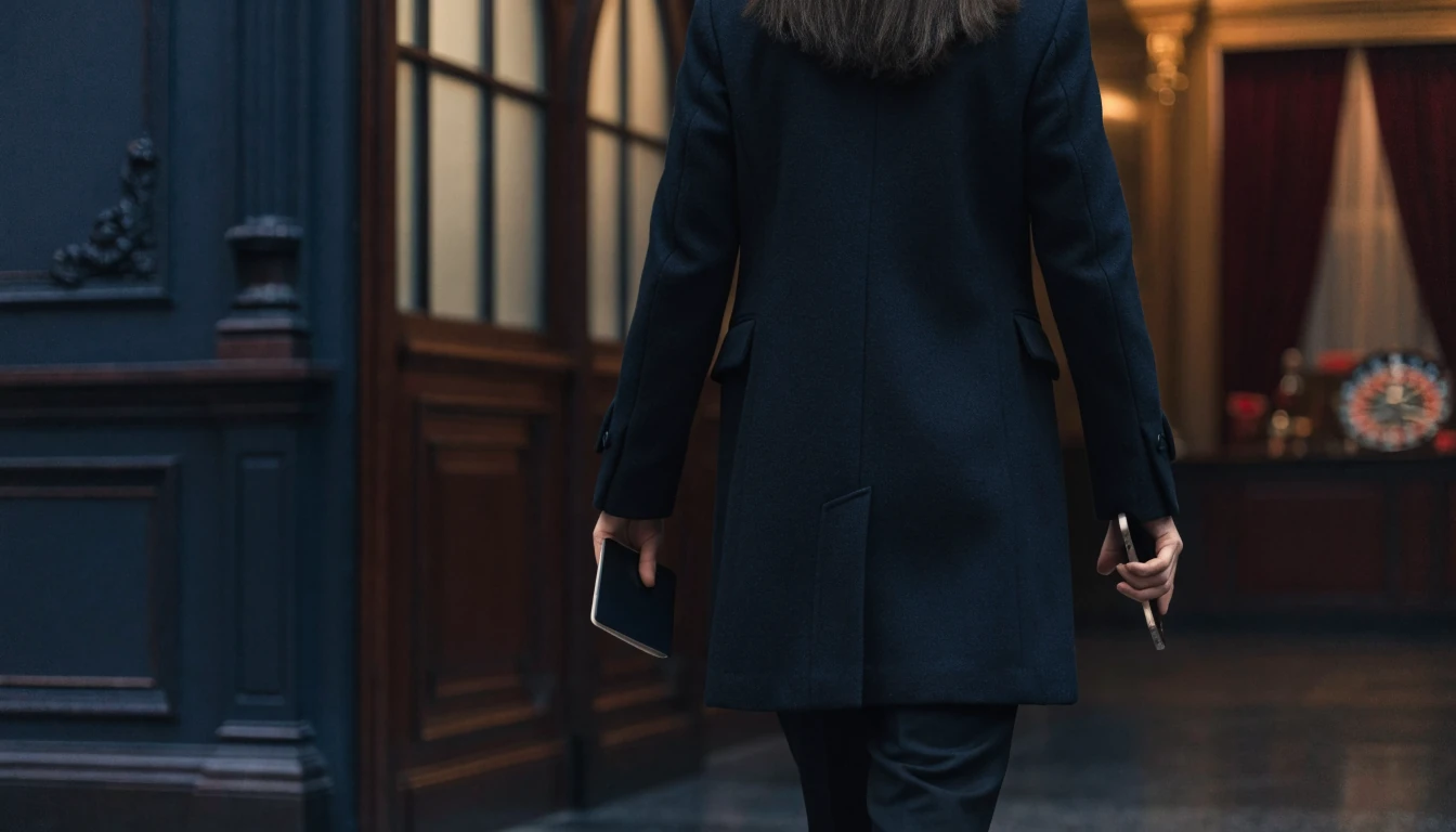 Anonymous British visitor entering an elegant international casino foyer at dusk