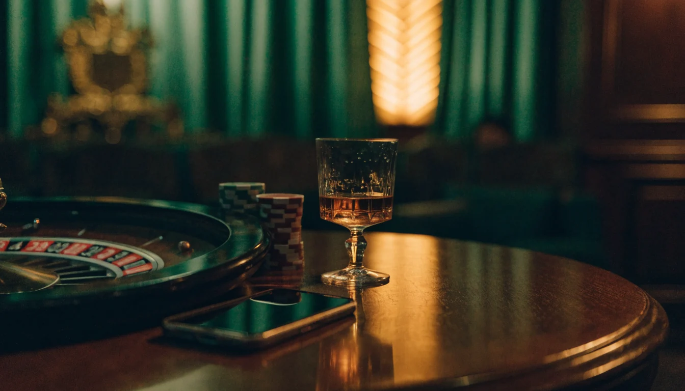 Elegant UK casino lounge with chips, roulette wheel, and whisky glass on table