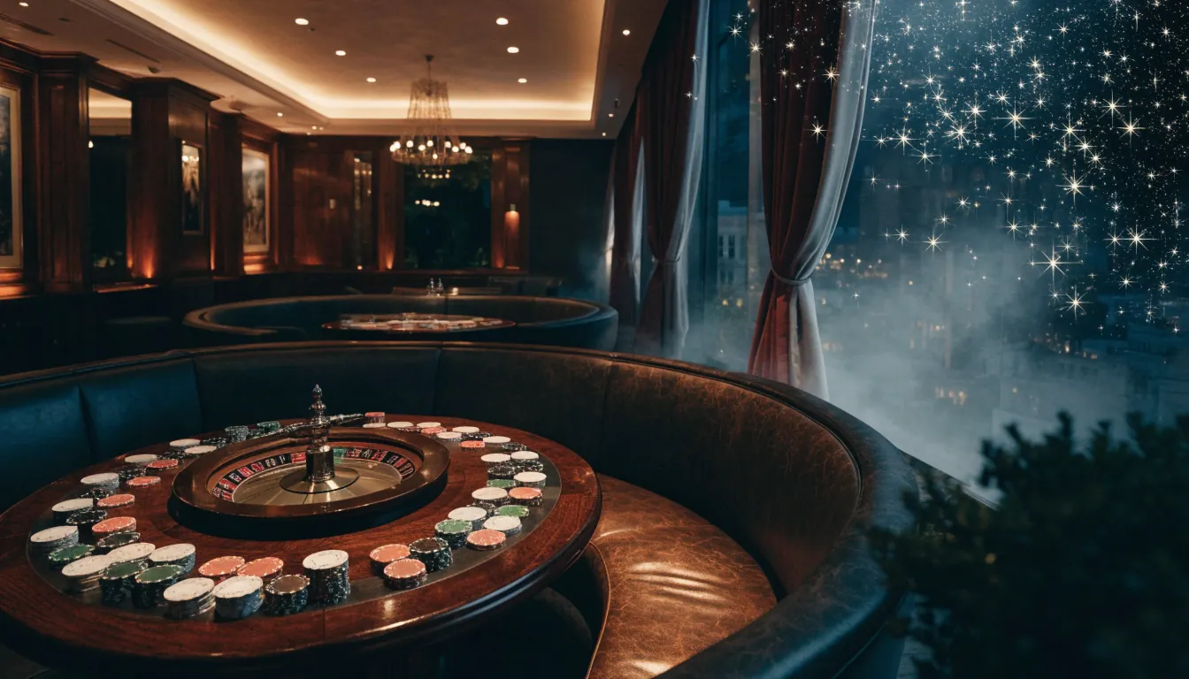 Luxurious casino table with roulette wheel and chips in warm evening light