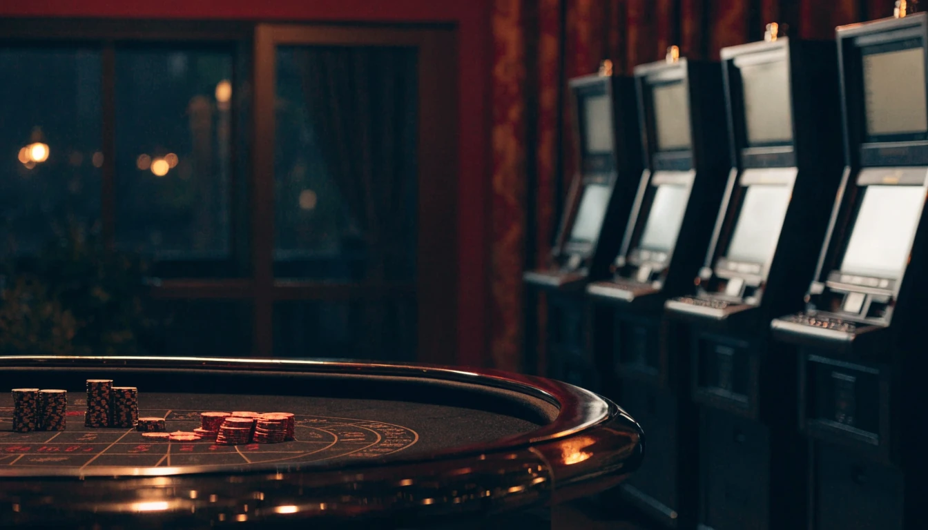 Elegant UK casino lounge with roulette table and unbranded slot cabinets