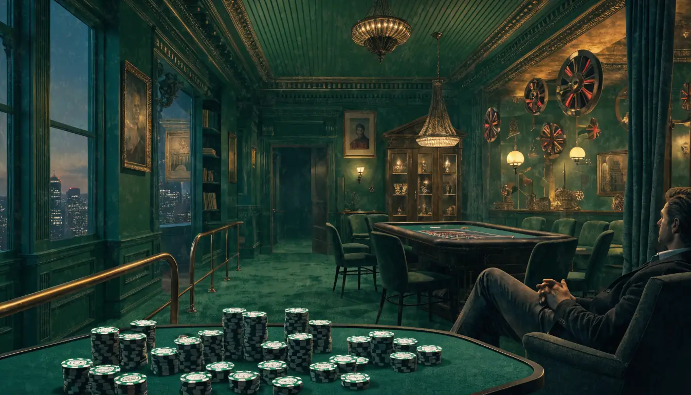 Elegant UK casino lounge with roulette, chips and abstract reel motifs