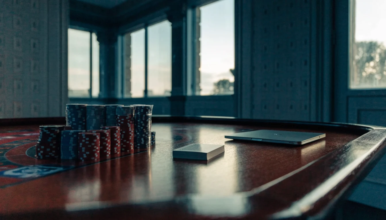 Unbranded British casino table with roulette, chips, cards and a turned-away laptop