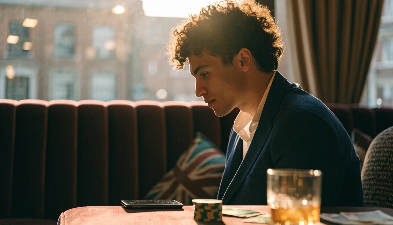 Well-dressed man in London lounge checking smartphone near casino chips and pounds