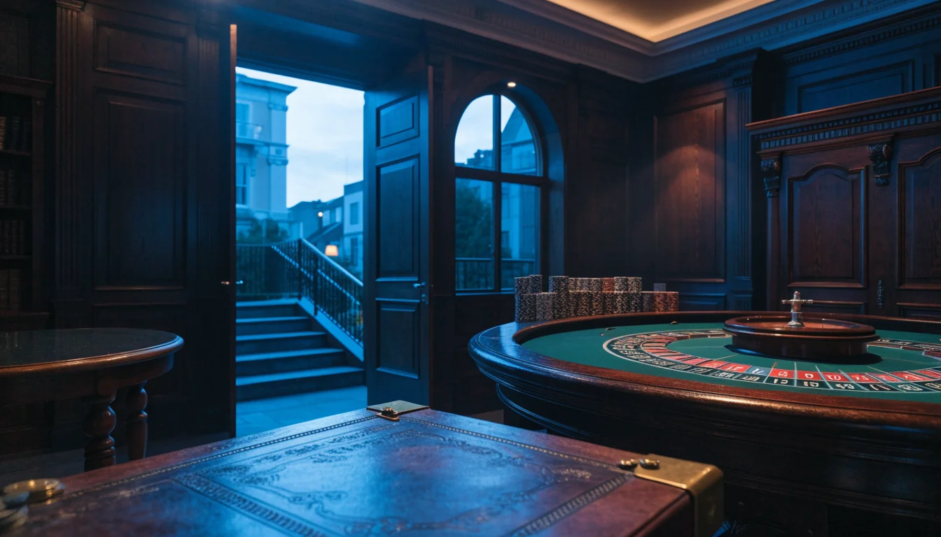 Elegant roulette table and chips in a sophisticated British casino lounge
