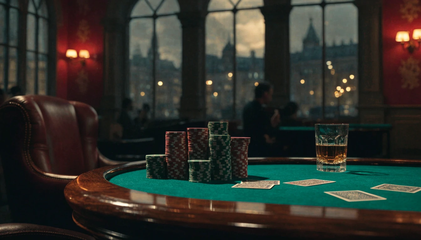 Elegant London casino lounge with stacked chips, playing cards, whiskey, and a nighttime skyline through tall windows.