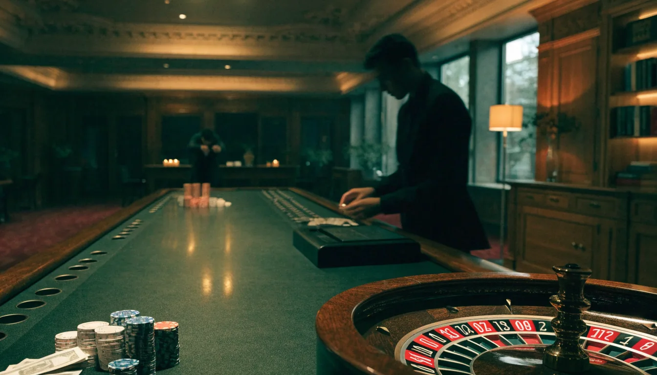 Elegant UK live casino studio with dealer, roulette wheel and physical gaming table.