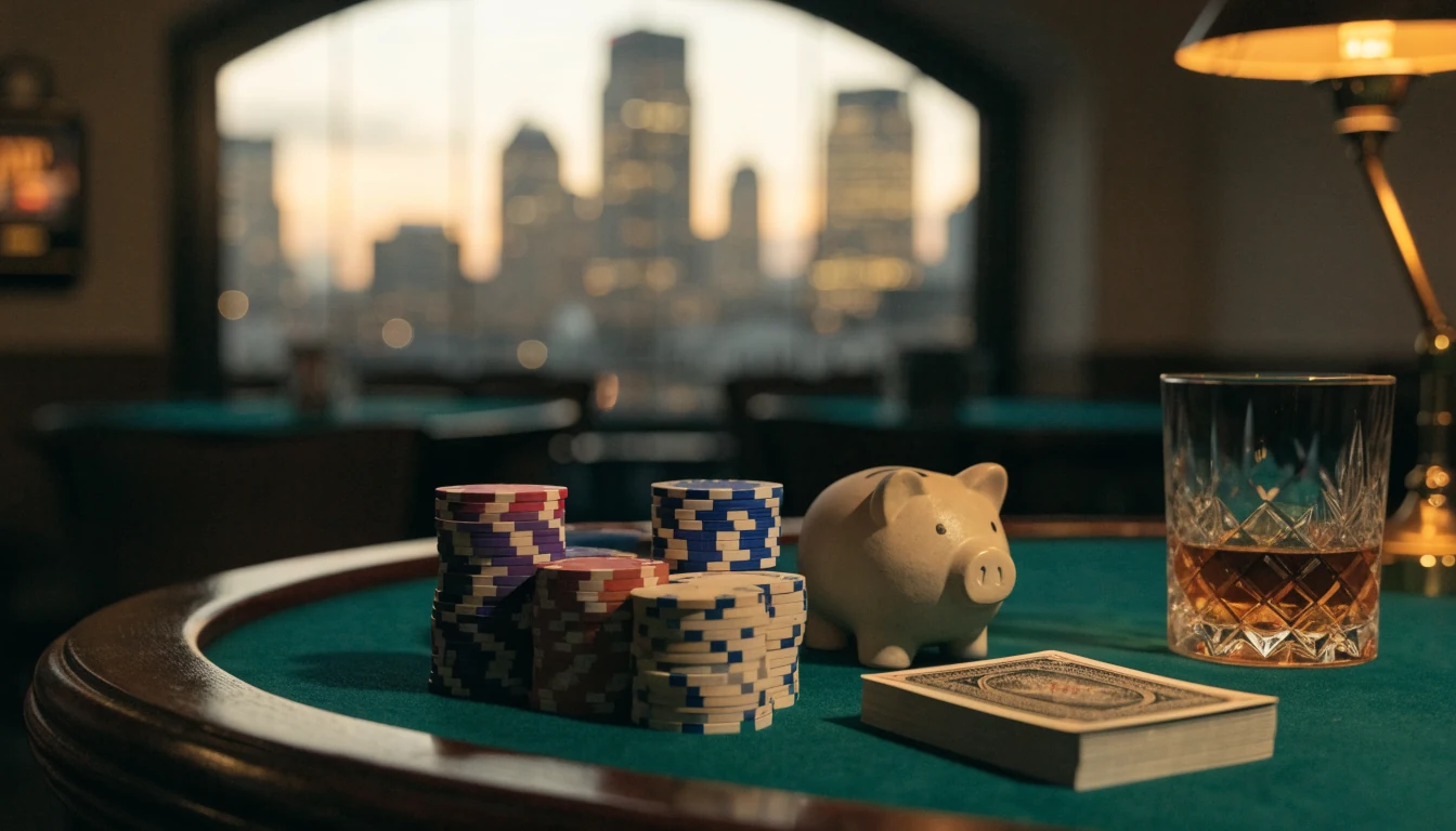 Elegant London casino table with chips, playing cards, and whisky at dusk.