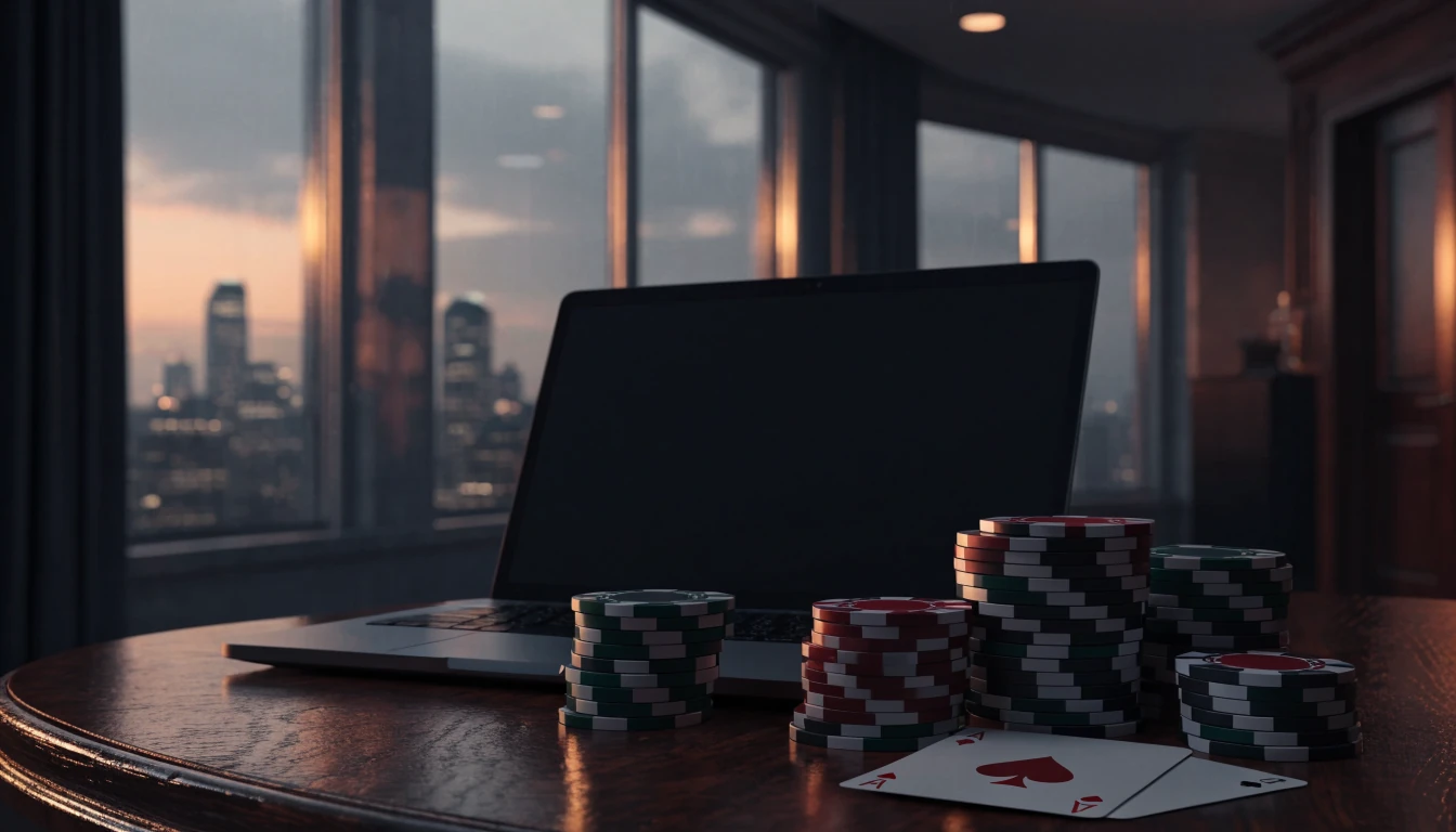 Elegant UK online casino lounge with laptop and casino accessories