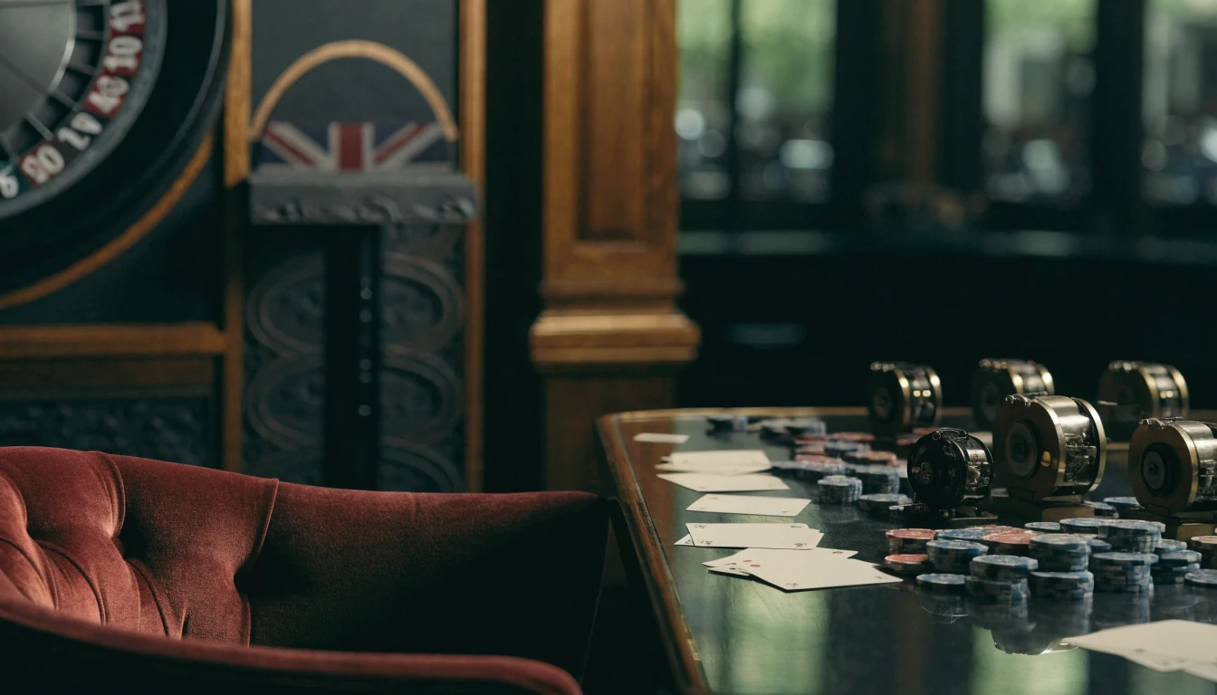 Luxury British casino scene with reel mechanisms, chips, cards and roulette wheel