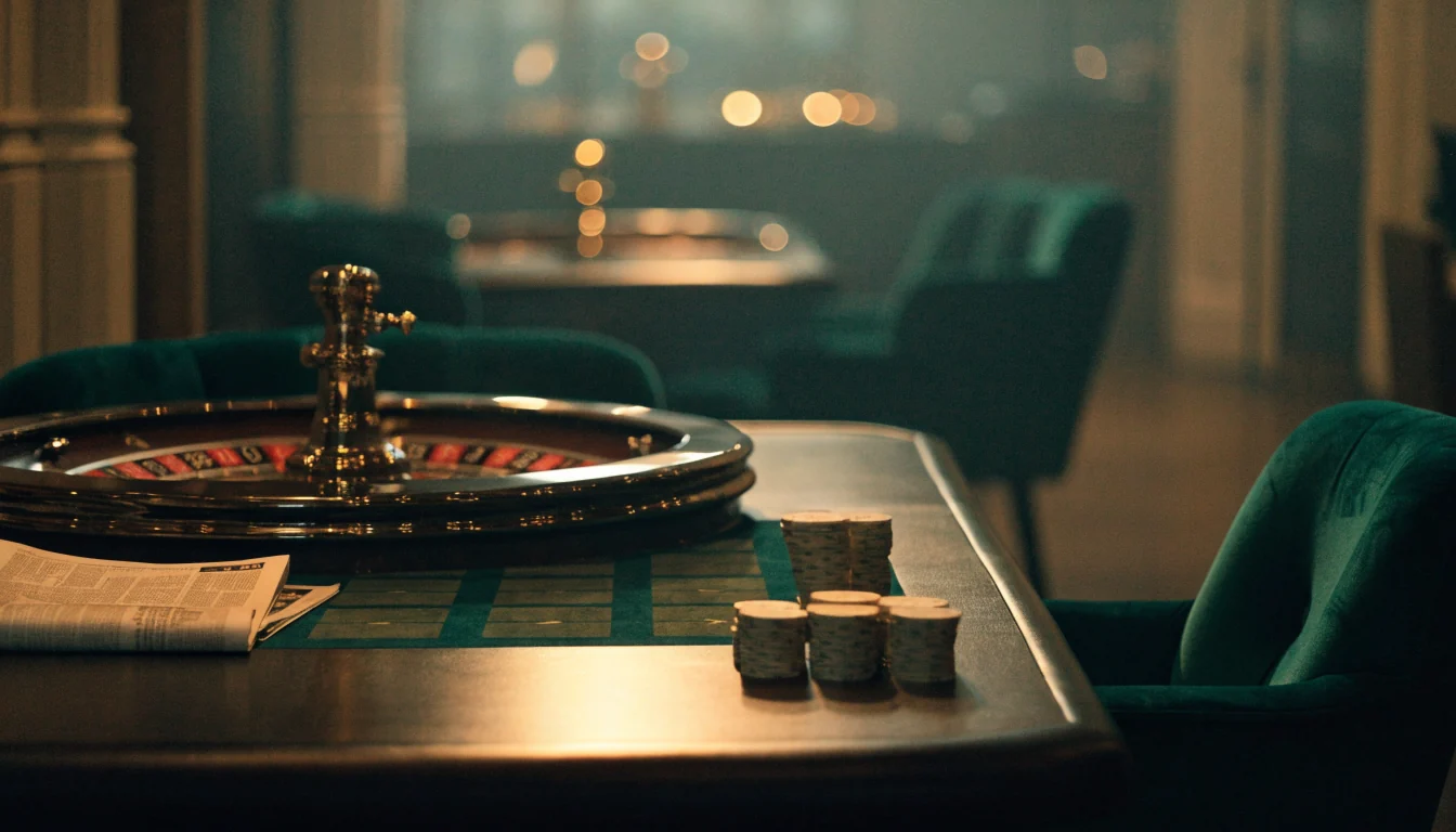 Stylish London casino lounge with empty blackjack table and roulette wheel